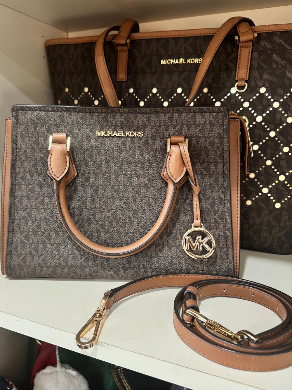 Michael Kors Brown Logo Satchel with Tan Handles and Gold Hardware